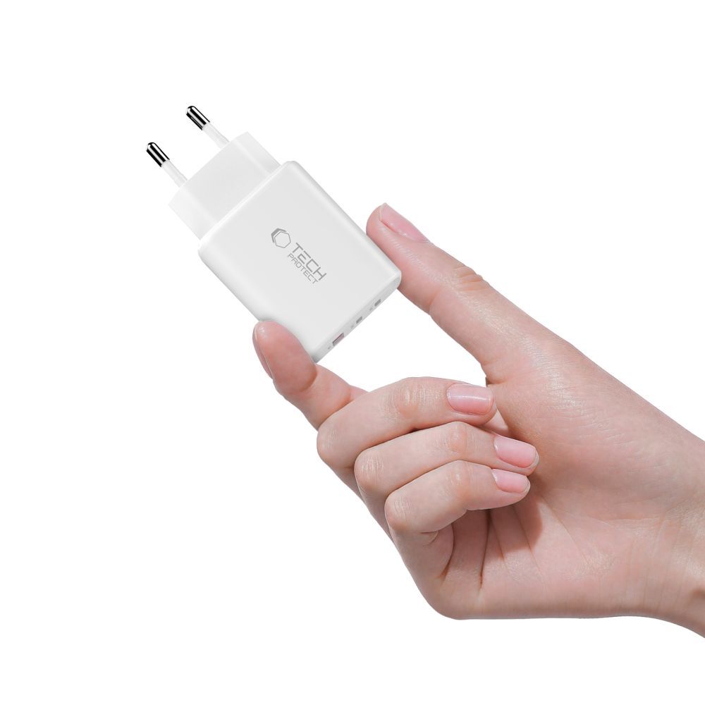 Incarcator Retea Tech-Protect NCA65W, 65W, 3A, 1 x USB-A - 2 x USB-C, Alb
