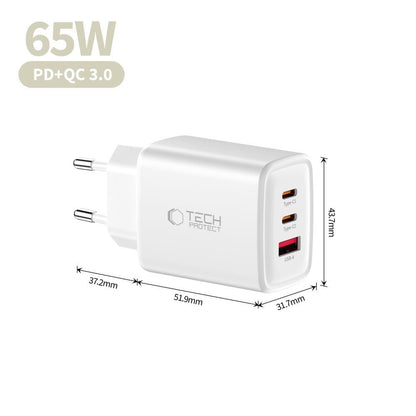 Incarcator Retea Tech-Protect NCA65W, 65W, 3A, 1 x USB-A - 2 x USB-C, Alb