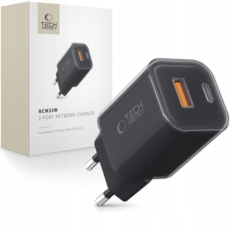 Incarcator Retea Tech-Protect NCM33W, 33W, 3A, 1 x USB-A - 1 x USB-C, Negru