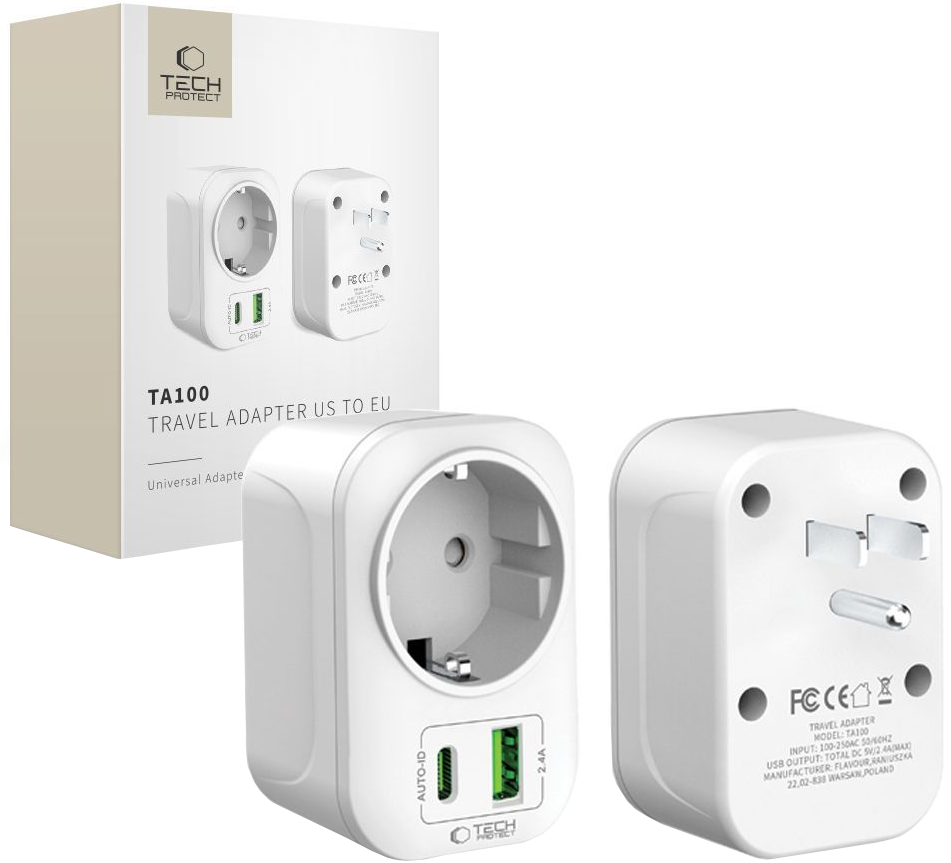 Incarcator Retea Tech-Protect TA100 Travel US, 20W, 3A, 1 x Schuko - 1 x USB-A - 1 x USB-C, Alb