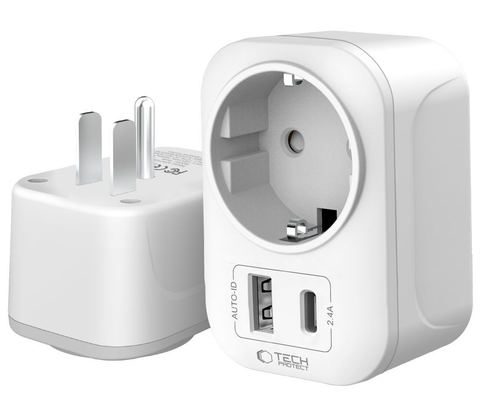Incarcator Retea Tech-Protect TA100 Travel US, 20W, 3A, 1 x Schuko - 1 x USB-A - 1 x USB-C, Alb