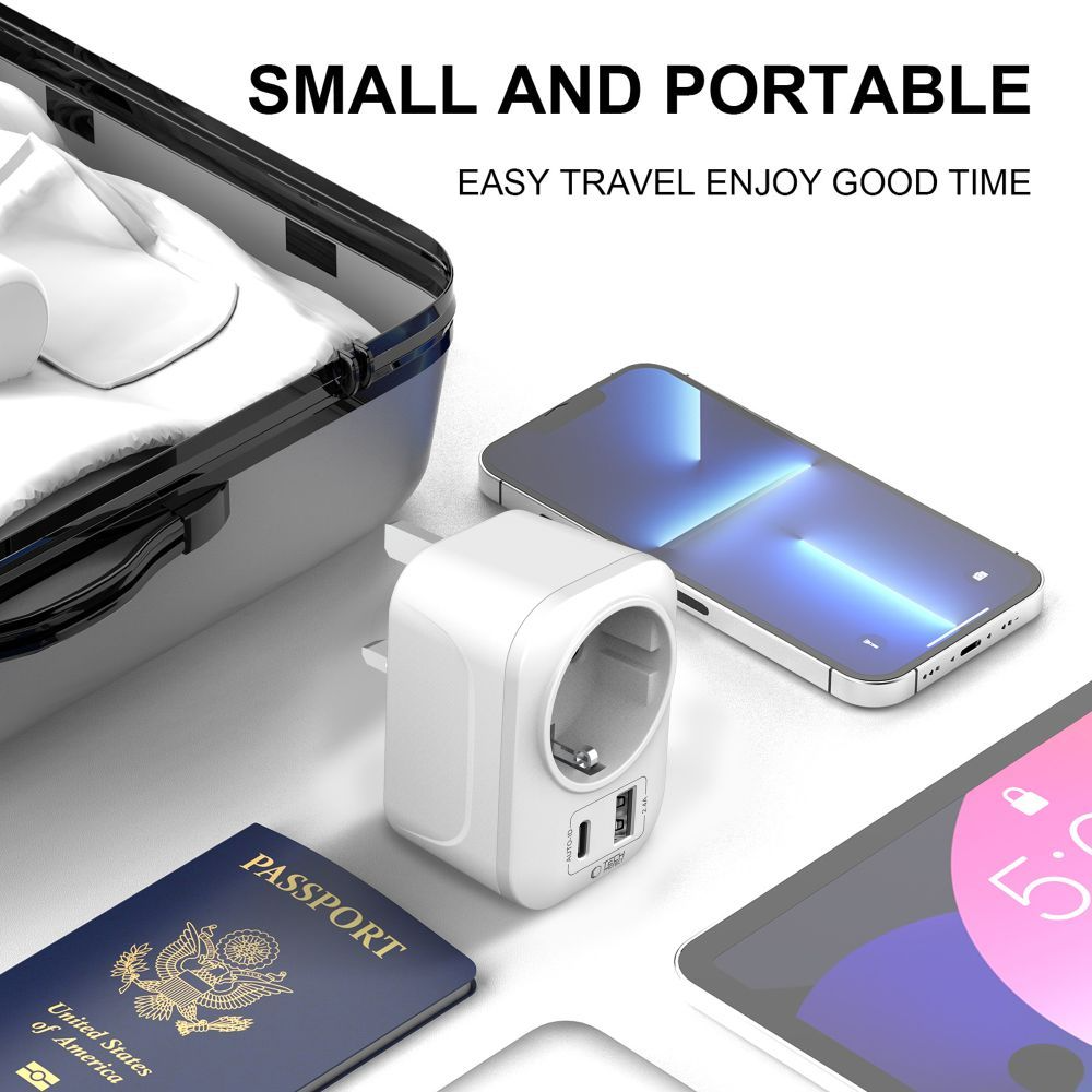 Incarcator Retea Tech-Protect TA100 Travel UK, 20W, 3A, 1 x Schuko - 1 x USB-A - 1 x USB-C, Alb