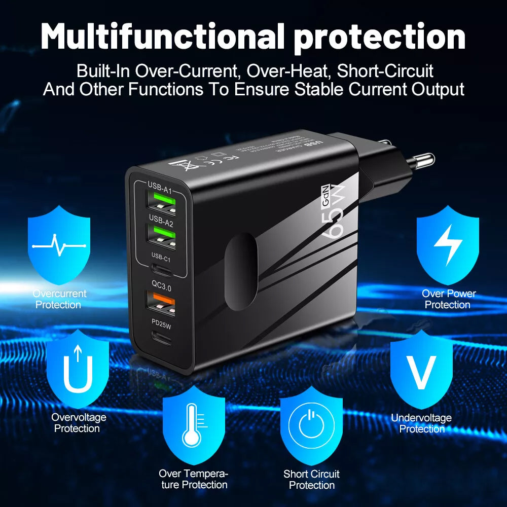 Incarcator Retea Techsuit CHC1 PentaXPower, 25W, 3A, 3 x USB-A - 2 x USB-C, Negru