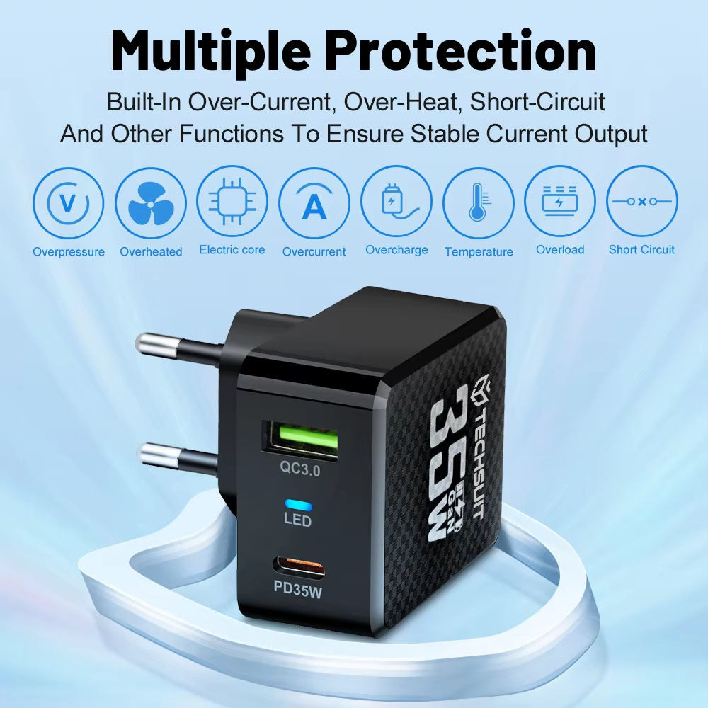 Incarcator Retea Techsuit CHPD173 Tiny, 35W, 3A, 1 x USB-A - 1 x USB-C, Negru