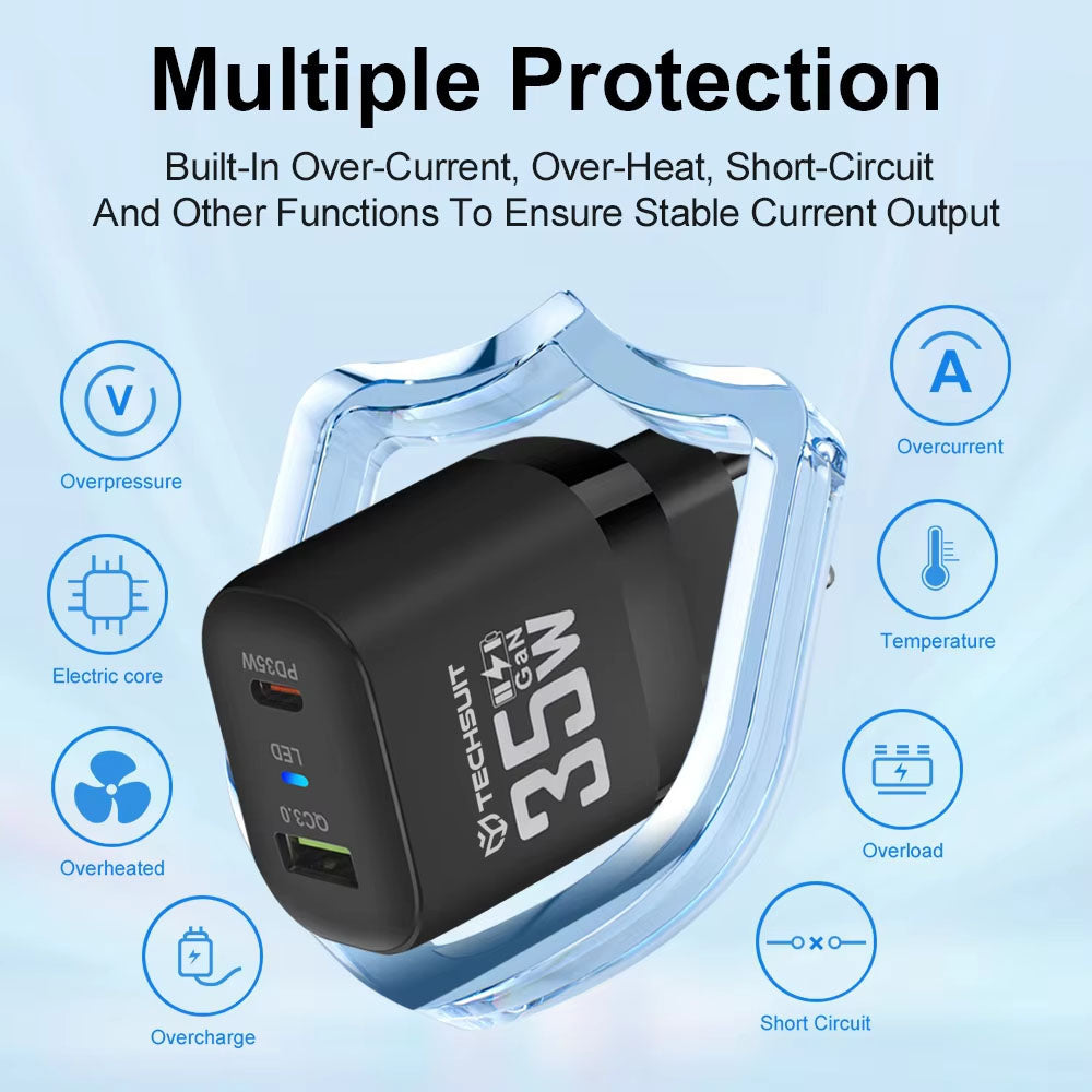 Incarcator Retea Techsuit CHPD174, 35W, 3A, 1 x USB-A - 1 x USB-C, Negru