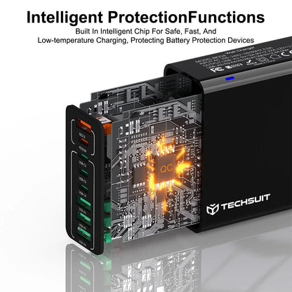 Incarcator Retea Techsuit CHPD224, 65W, 3.25A, 4 x USB-A - 4 x USB-C, Negru
