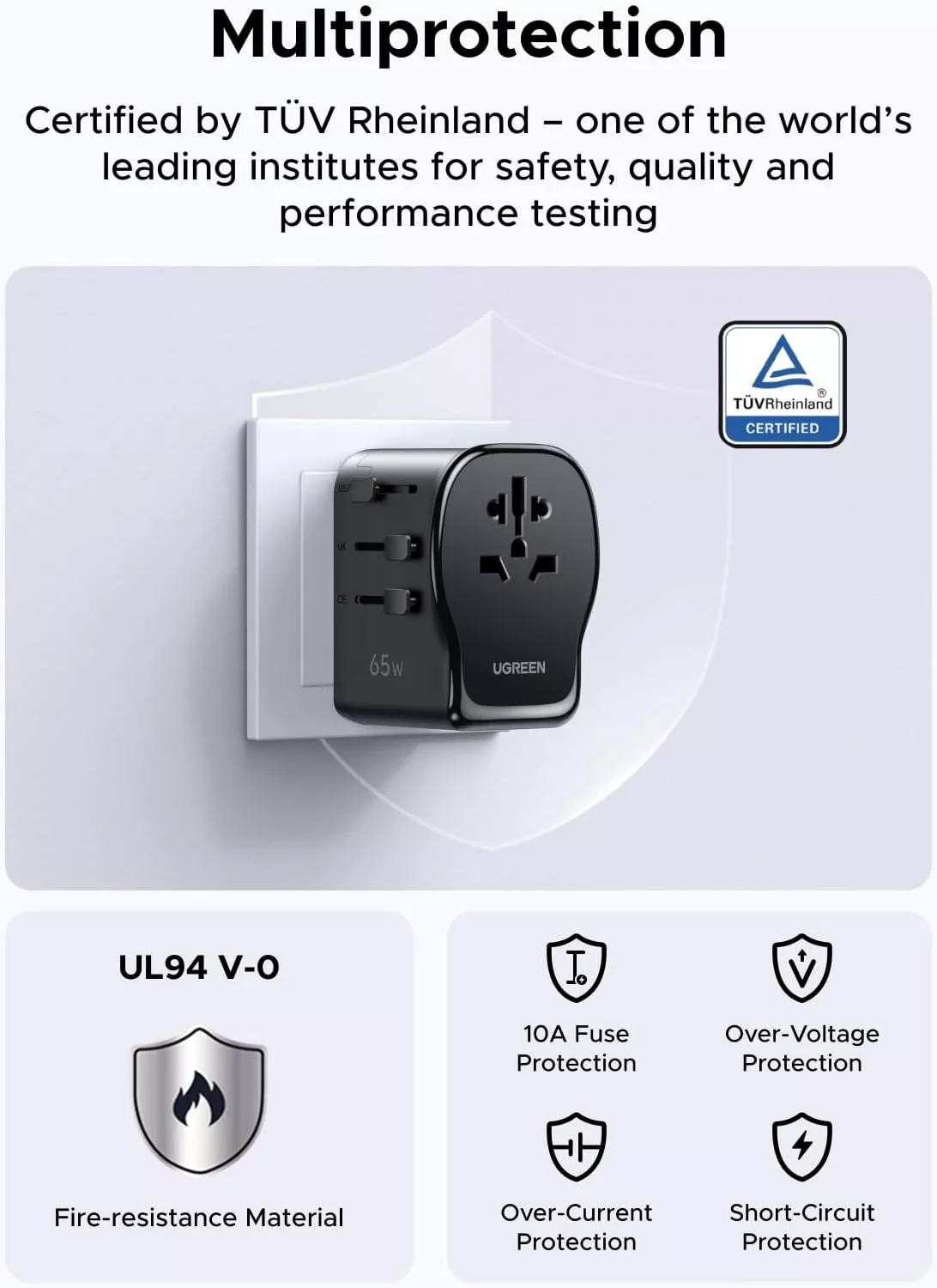 Incarcator Retea UGREEN Travel S550 (55001), 65W, 3.25A, 1 x USB-A - 2 x USB-C, Negru