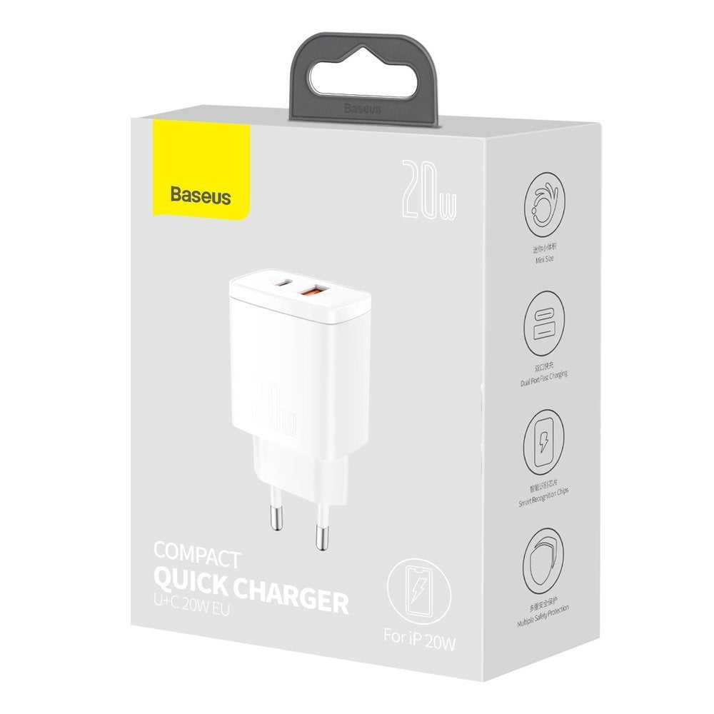 Baseus Kompaktowa ładowarka sieciowa, 20W, 3A, 1 x USB-A - 1 x USB-C, biała CCXJ-B02