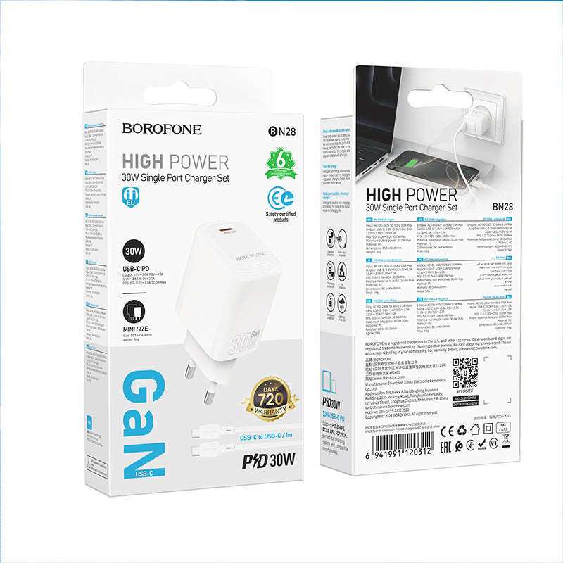Incarcator Retea Cu Cablu USB-C Borofone BN28 Fuente, 30W, 3A, 1 x USB-C, Alb