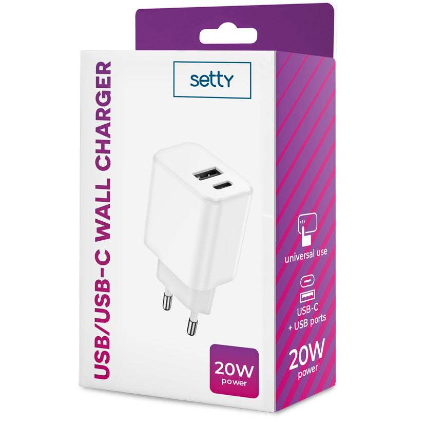 Incarcator Retea Setty, 20W, 3A, 1 x USB-A - 1 x USB-C, Alb