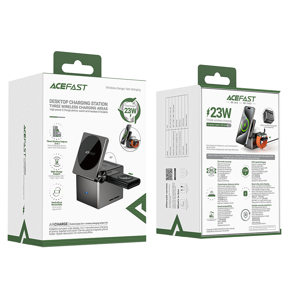 Incarcator Retea Wireless Acefast E18 Rubik's Cube 3in1, 23W, 1.67A, Gri