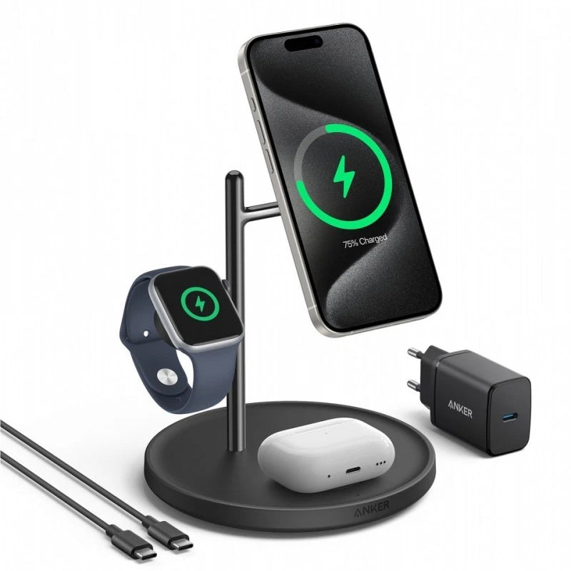 Incarcator Retea Wireless Anker MagGo 3in1, 25W, 1.67A, Negru B25M3311