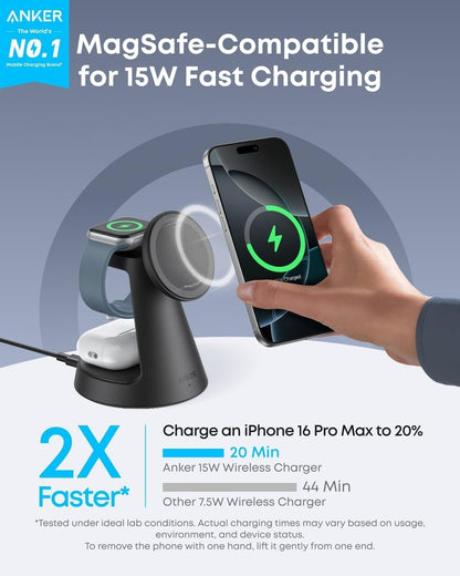 Incarcator Retea Wireless Anker MagGo 3in1, 15W, 1.67A, Negru B25M4G11