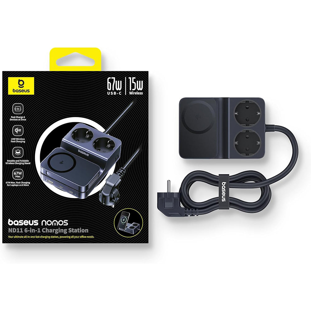 Incarcator Statie Baseus Nomos ND11 QI 6in1, 67W, 3.35A, 1 x USB-A - 2 x USB-C - 2 x Schuko, Negru P80015804213-00