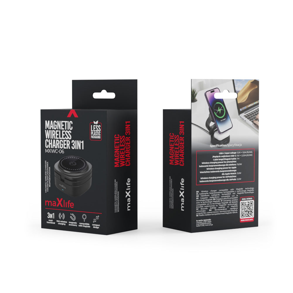 Incarcator Retea Wireless MaXlife MXWC-06 3in1, 15W, 1.67A, Negru