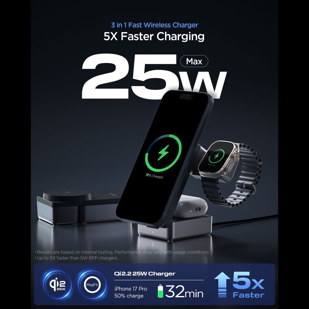 Incarcator Retea Wireless Spigen EF323MQ Essential 3in1, 25W, Negru ACH10398