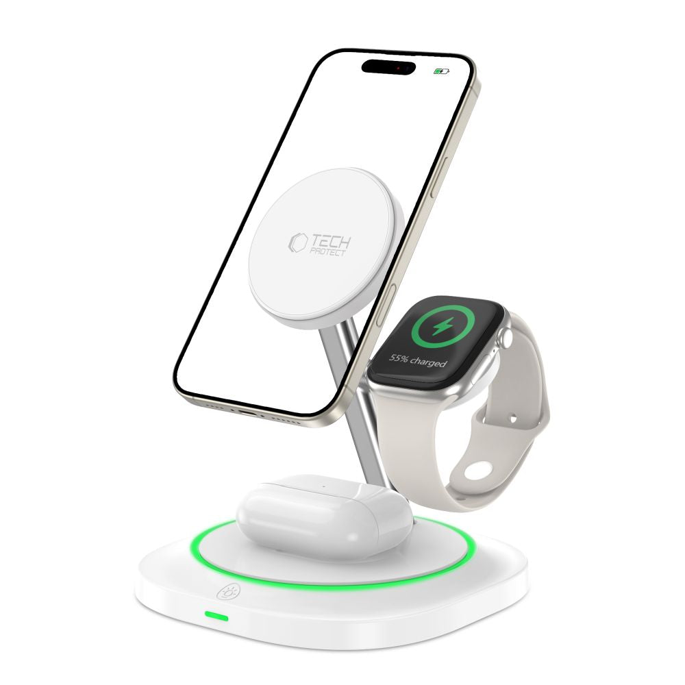 Incarcator Retea Wireless Tech-Protect QI15W-A46 3in1, 15W, 1.67A, Alb