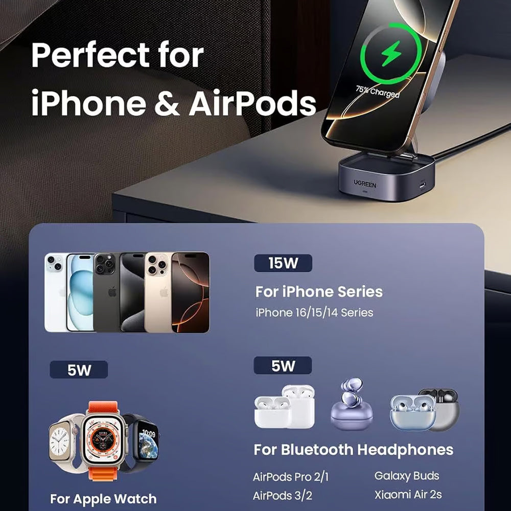 Incarcator Retea Wireless UGREEN W702 3in1, 20W, 1.67A, 1 x USB-C, Negru