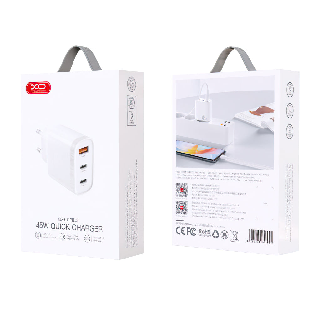 Incarcator Retea XO Design L117, 45W, 3A, 1 x USB-A - 2 x USB-C, Alb