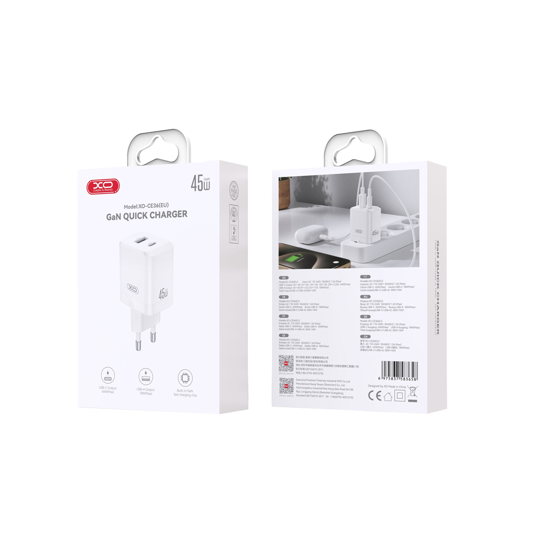 Incarcator Retea XO Design CE36, 45W, 3A, 1 x USB-A - 1 x USB-C, Alb