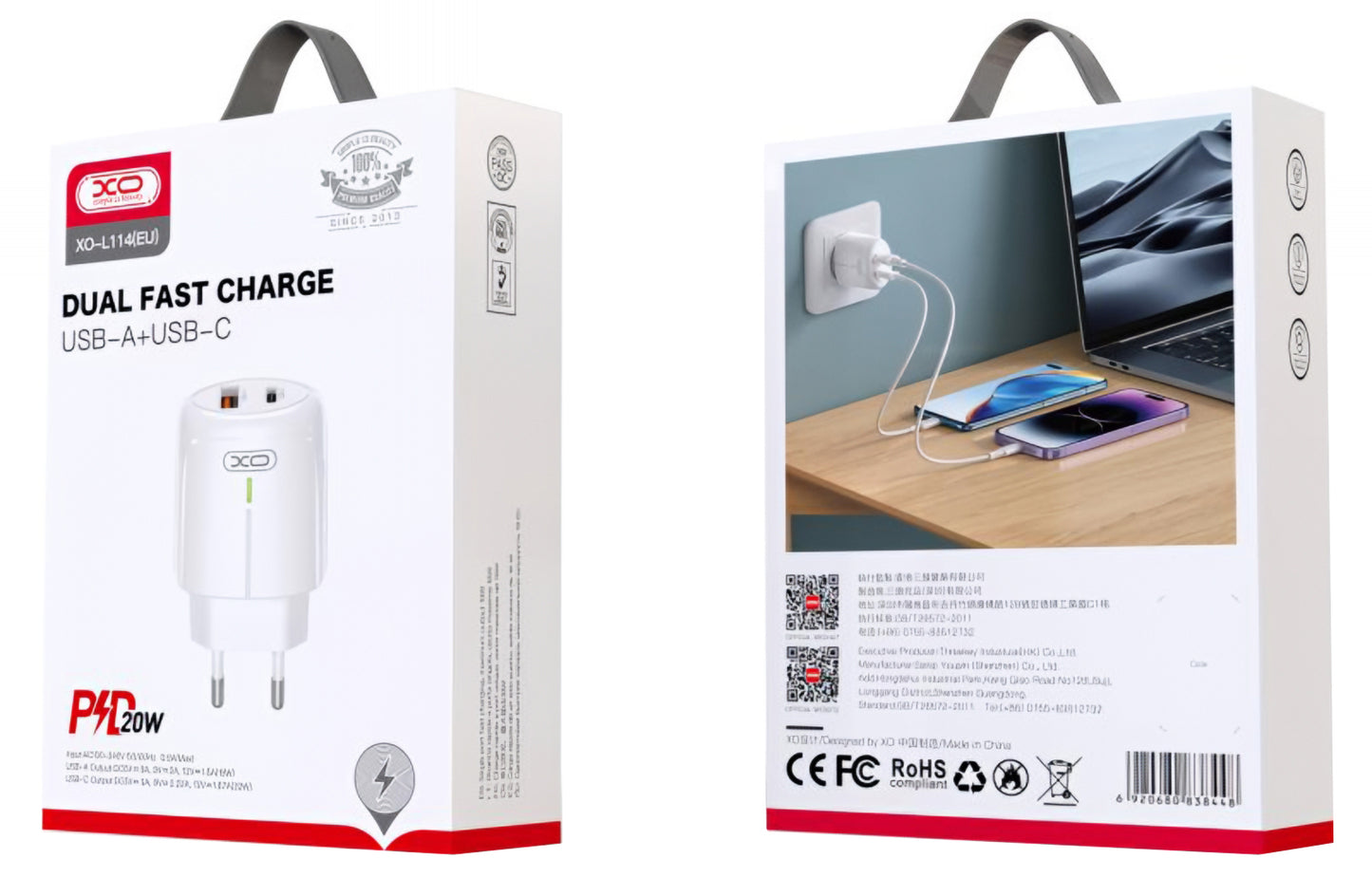 Incarcator Retea XO Design L114, 20W, 3A, 1 x USB-A - 1 x USB-C, Alb