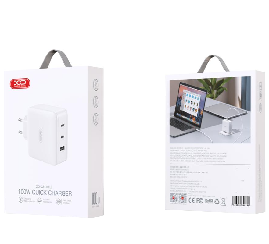 Incarcator Retea XO Design CE14, 100W, 3.25A, 1 x USB-A - 2 x USB-C, Alb