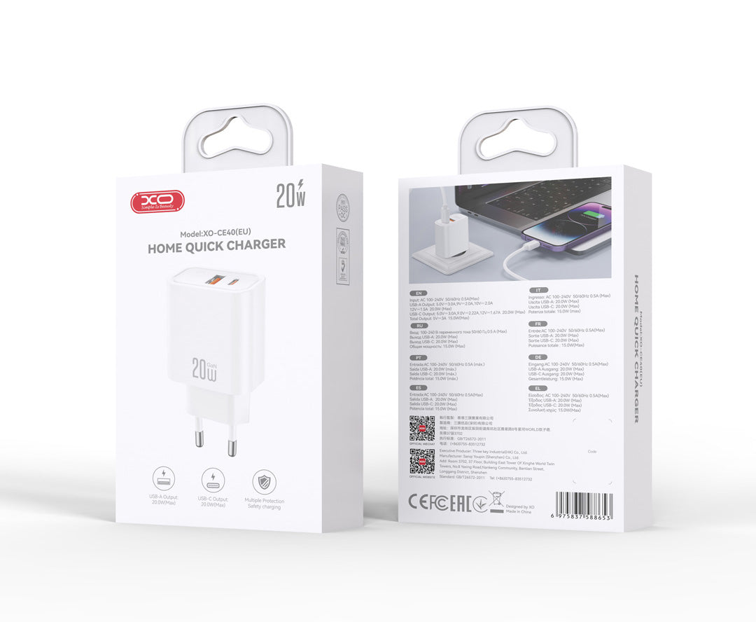 Incarcator Retea XO Design CE40, 20W, 3A, 1 x USB-A - 1 x USB-C, Alb