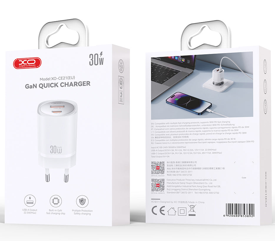 Incarcator Retea XO Design CE21, 30W, 3A, 1 x USB-A - 1 x USB-C, Alb