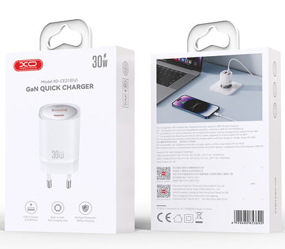 Incarcator Retea XO Design CE21, 30W, 3A, 1 x USB-A - 1 x USB-C, Alb