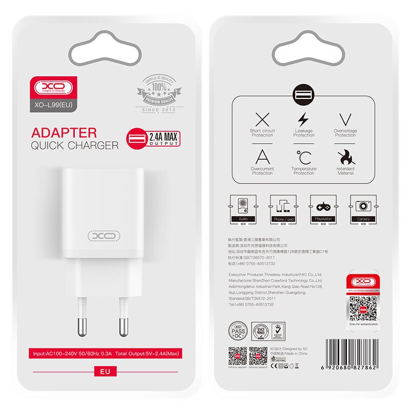 Incarcator Retea XO Design L99, 12W, 2.4A, 1 x USB-A, Alb