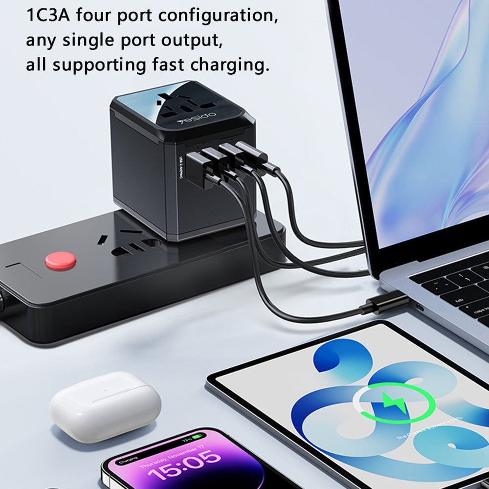 Incarcator Retea Yesido MC24 Travel, 20W, 3A, 3 x USB-A - 1 x USB-C, Negru
