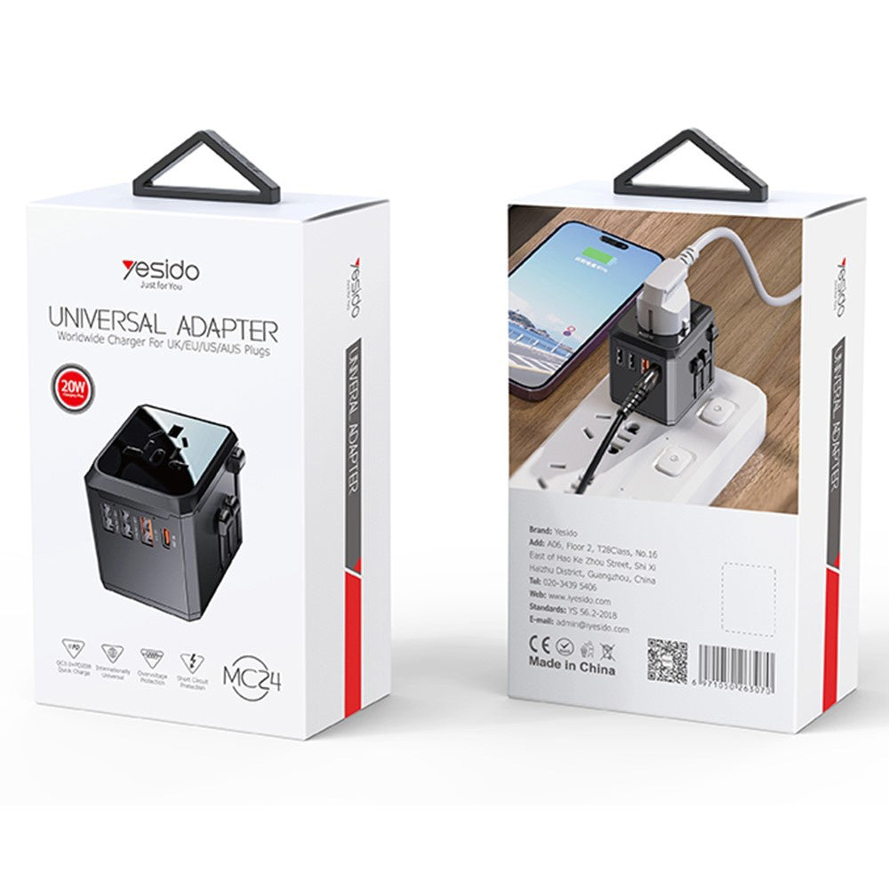 Incarcator Retea Yesido MC24 Travel, 20W, 3A, 3 x USB-A - 1 x USB-C, Negru