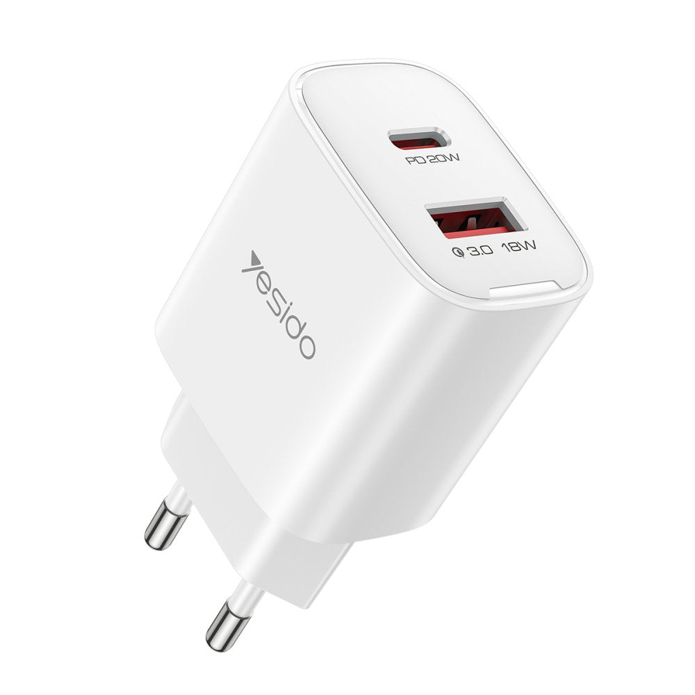 Incarcator Retea Yesido YC02E, 20W, 3A, 1 x USB-A - 1 x USB-C, Alb