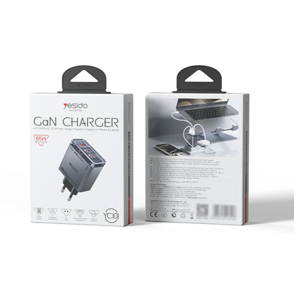 Incarcator Retea Yesido YC101, 65W, 3.25A, 1 x USB-A - 2 x USB-C, Negru