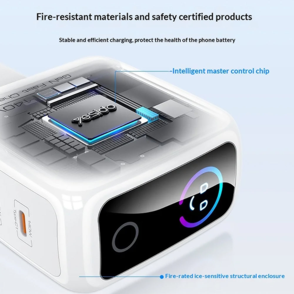 Incarcator Retea Yesido YC114 Display, 140W, 5A, 1 x USB-A - 2 x USB-C, Alb