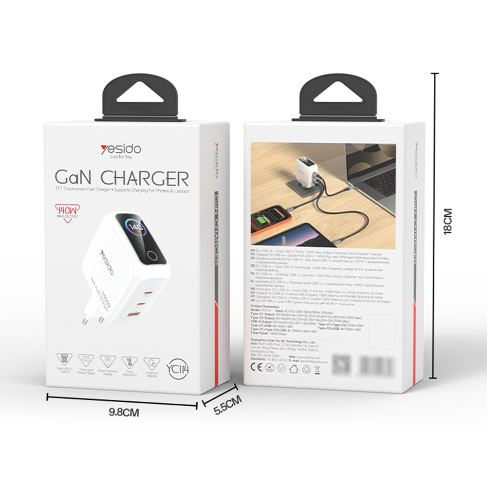 Incarcator Retea Yesido YC114 Display, 140W, 5A, 1 x USB-A - 2 x USB-C, Alb