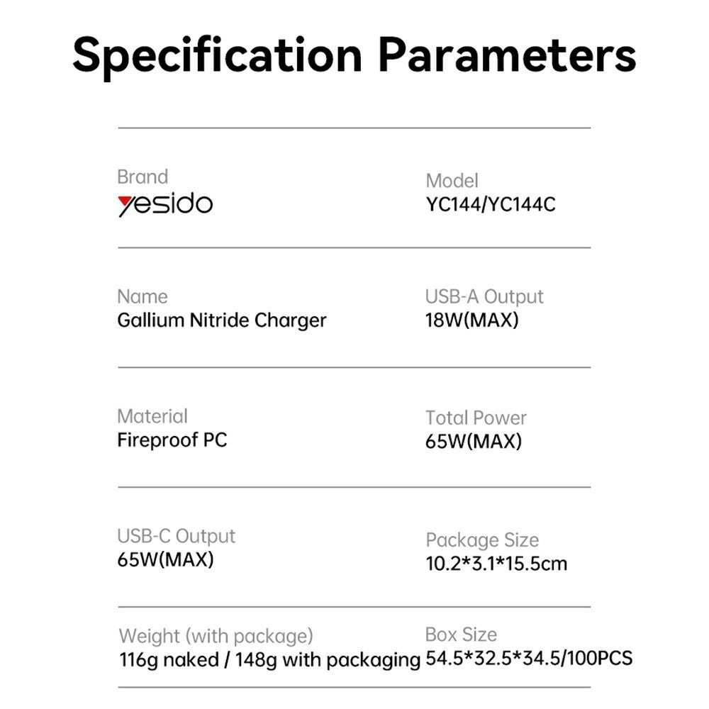 Incarcator Retea Yesido YC144, 65W, 3.25A, 1 x USB-A - 2 x USB-C, Negru