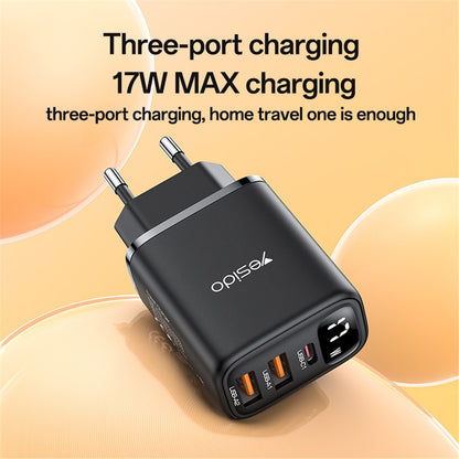 Incarcator Retea Yesido YC67 Display, 17W, 2.4A, 2 x USB-A - 1 x USB-C, Negru