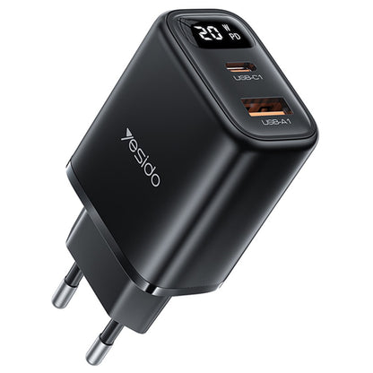Incarcator Retea Yesido YC68, 20W Display, 3A, 1 x USB-A - 1 x USB-C, Negru