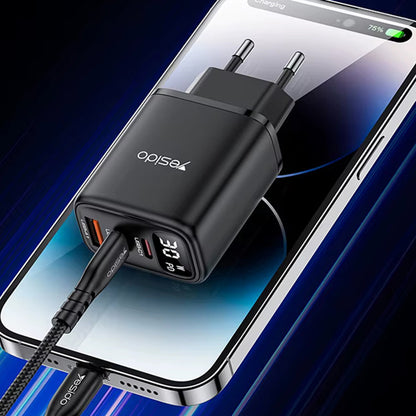 Incarcator Retea Yesido YC69 Display, 30W, 3A, 1 x USB-A - 2 x USB-C, Negru