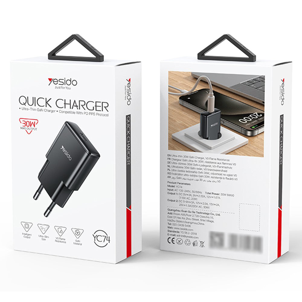 Incarcator Retea Yesido YC74, 30W, 3A, 1 x USB-C, Negru