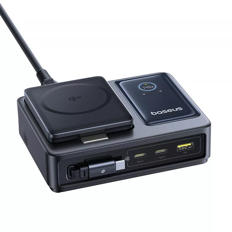 Incarcator Statie Baseus Nomos QI 5in1, 140W, 5A, 1 x USB-A - 2 x USB-C, Negru P10178800123-00