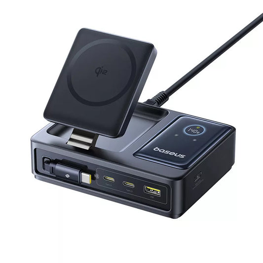 Incarcator Statie Baseus Nomos QI 5in1, 140W, 5A, 1 x USB-A - 2 x USB-C, Negru P10178800123-00