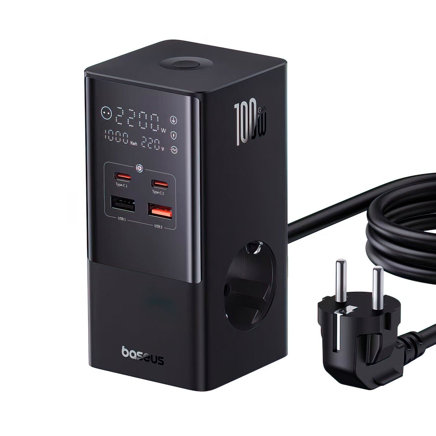 Incarcator Statie Baseus PowerCombo Tower, 100W, 5A, 2 x Schuko - 2 x USB-A - 2 x USB-C, Negru E00023609113-00