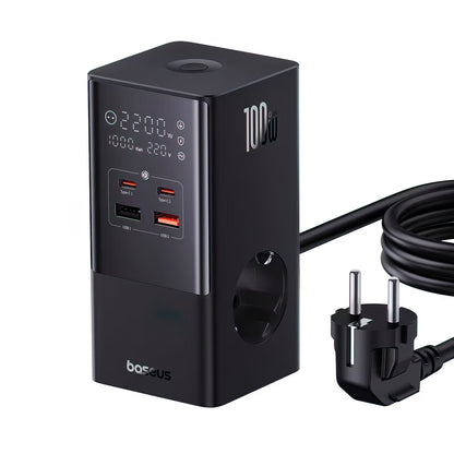 Incarcator Statie Baseus PowerCombo Tower, 100W, 5A, 2 x Schuko - 2 x USB-A - 2 x USB-C, Negru E00023609113-00