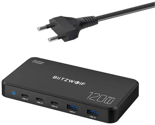 Incarcator Statie BlitzWolf BW-i100, 120W, 5A, 2 x USB-A - 3 x USB-C, Negru