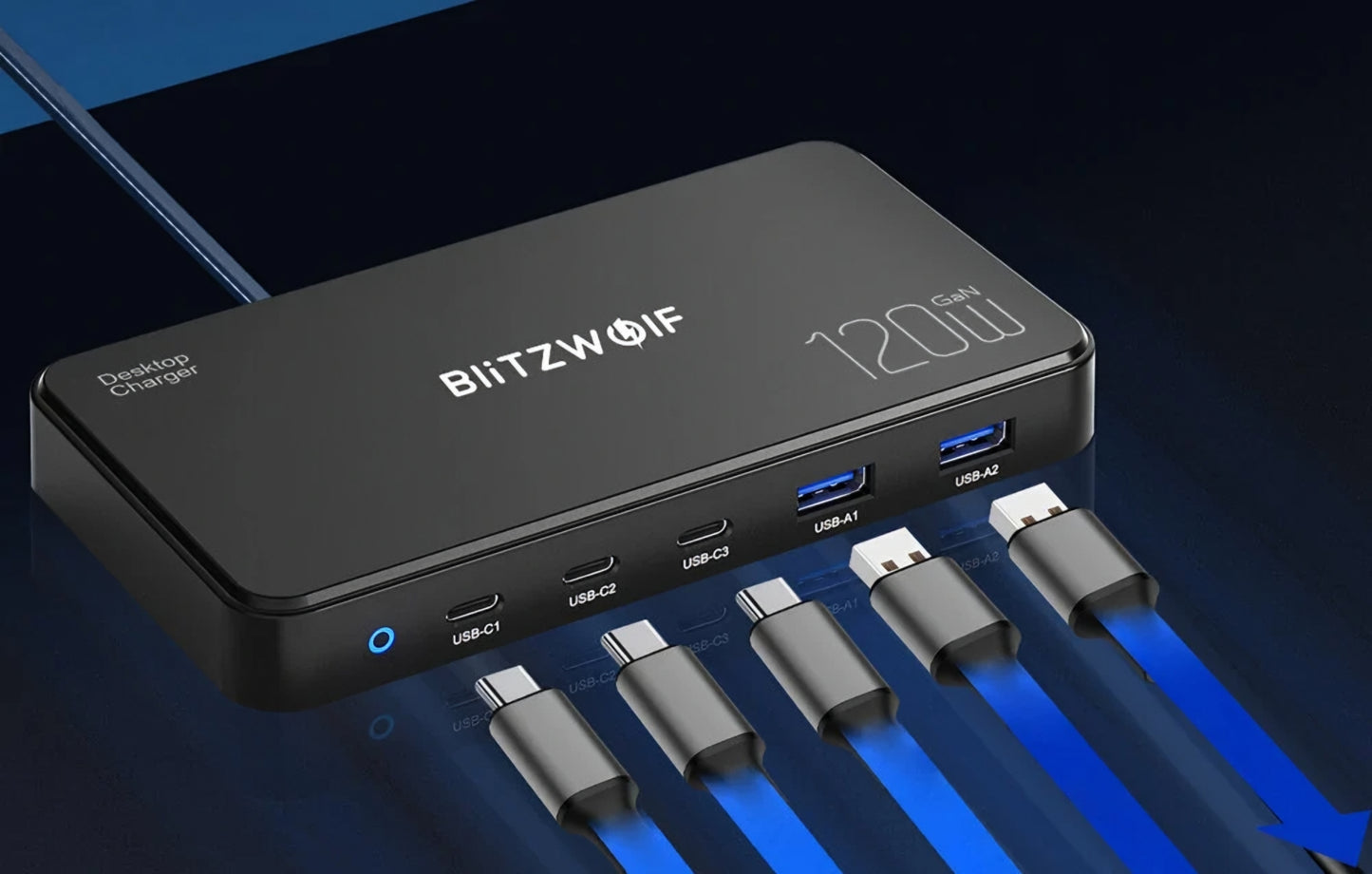 Incarcator Statie BlitzWolf BW-i100, 120W, 5A, 2 x USB-A - 3 x USB-C, Negru