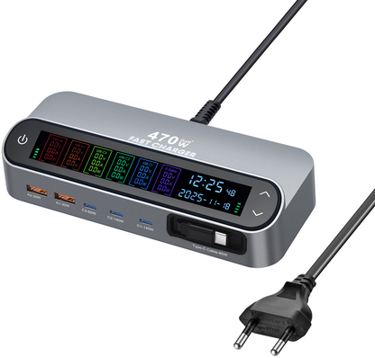 Incarcator Statie Cu Cablu USB-C OEM LCD470W, 470W, 5A, 2 x USB-A - 3 x USB-C, Gri