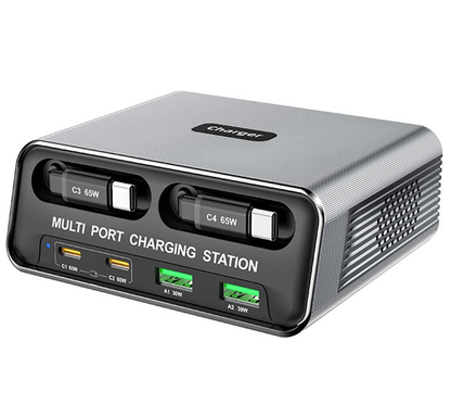 Incarcator Statie Cu Cablu USB-C OEM WLX-60C, 130W, 2 x USB-A - 2 x USB-C, Gri