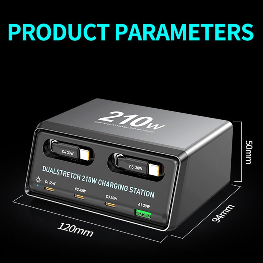 Incarcator Statie Cu Cablu USB-C OEM WLX-60E, 210W, 3A, 1 x USB-A - 3 x USB-C, Gri